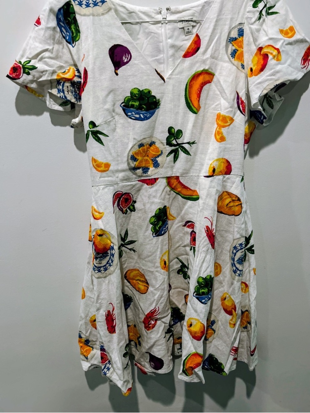 J.CREW Printed Linen-Blend Flutter-Sleeve Mini Dress Picnic Food $128 CK859 Sz S - Picture 2 of 9